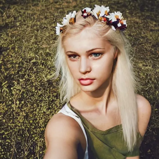 Image similar to vintage photograph of an olive skinned blonde female model in her twenties, her hair pinned up with flowers, wearing a designer top, looking content, focused on her neck, photo realistic, extreme detail skin, natural beauty, no filter, slr, golden hour, 8 k, high definition, selfie