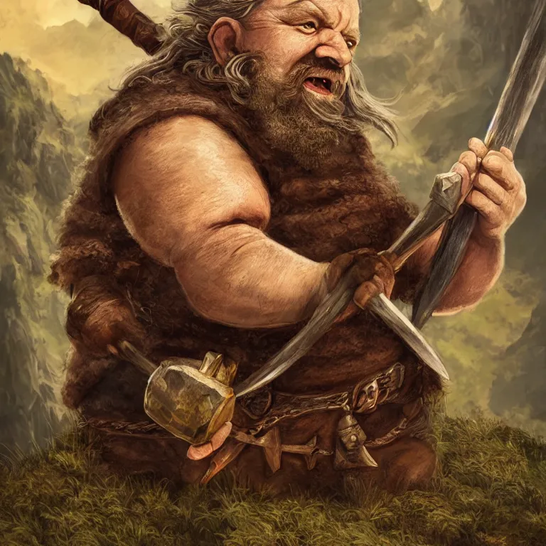 Prompt: dwarf with hammer in mountains, lord of the rings style, fantasy, poster, character portrait, portrait, close up, concept art, intricate details, highly detailed, full body, 8 k, detailed face, body