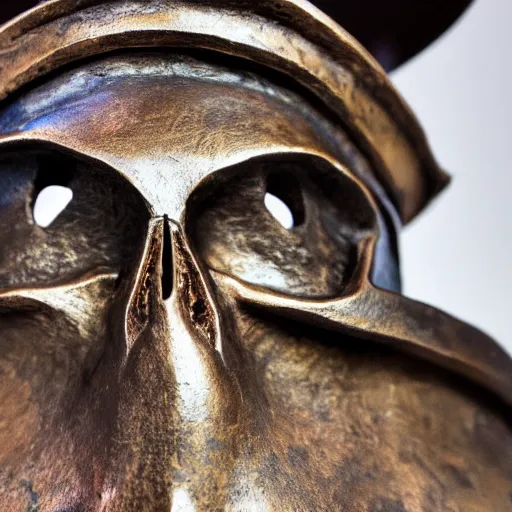 Prompt: close up shot of an old bronze patina statue of a skull wearing a samurai hat in a museum