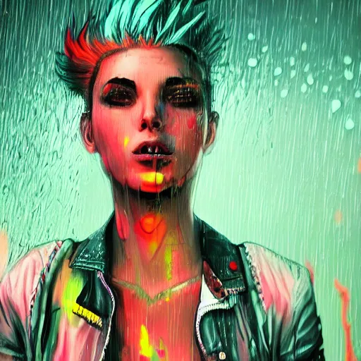 Image similar to splashes of neon clouds, mowhawk, punk women portrait made out of paint with rain in the background, trending on artstation, epic composition, emotional, beautiful, rendered in octane, highly detailed, realistic, comic book art, sharp focus, matte painting, unreal engine