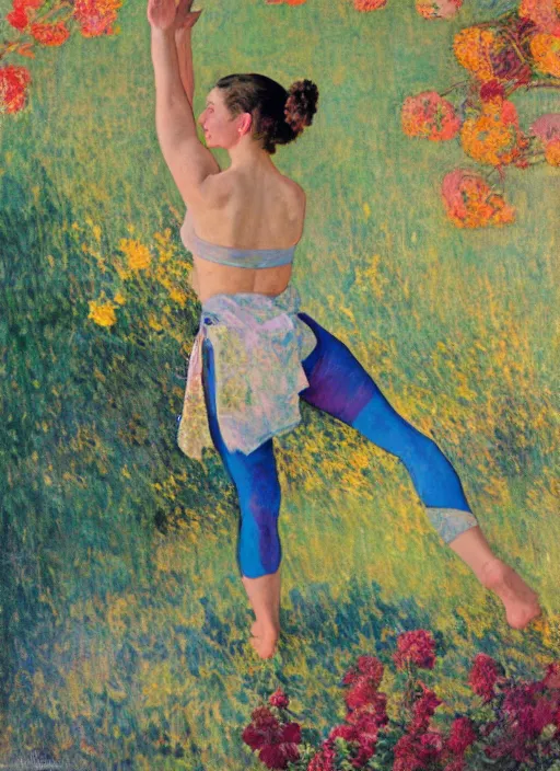 Image similar to an art nouveau painting poster of a girl doing yoga with a futuristic kimono and leggins in middle of a landscape by norman rockwell and monet