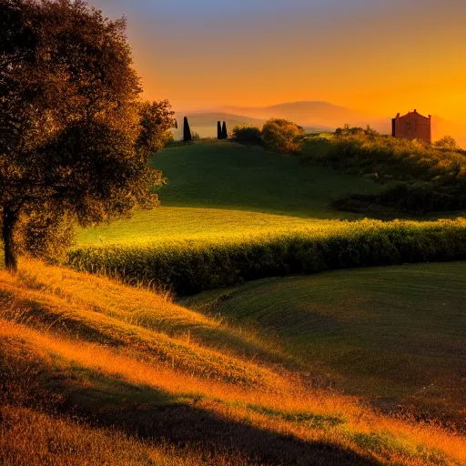 Prompt: landscape of Tuscany, golden sunset, castle in the distance, warm light, romantic setting