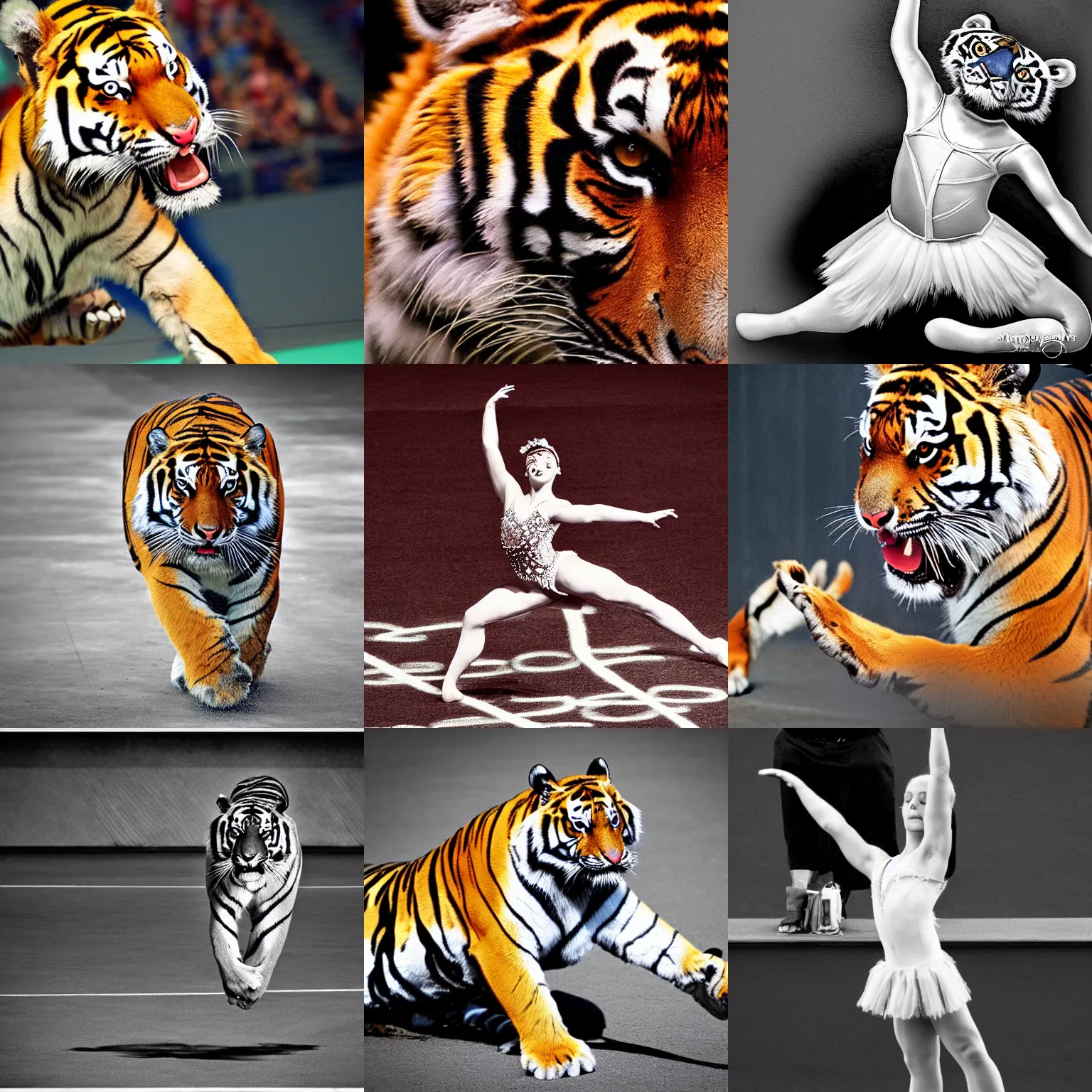 Prompt: a tiger ballerina, award winning photograph, ESPN, Olympics, 60mm