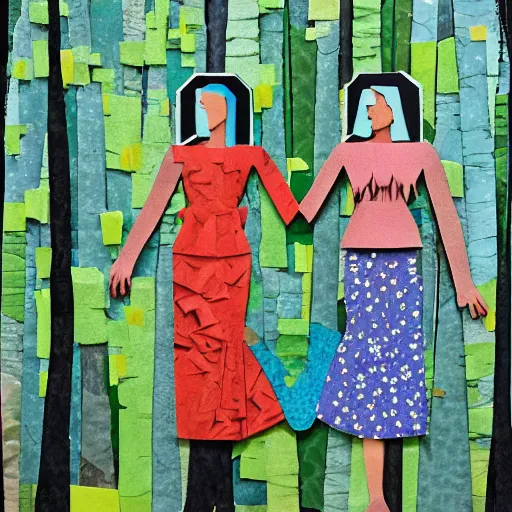 Image similar to paper collage art made of cut up magazines depicting two women holding hands in a forest during summer