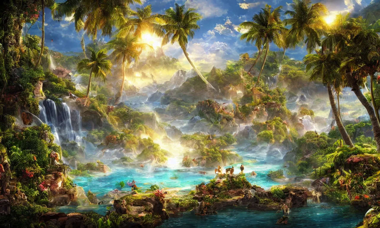 Image similar to epic paradise landscape, high definition, high detail, 8k, photorealistic,