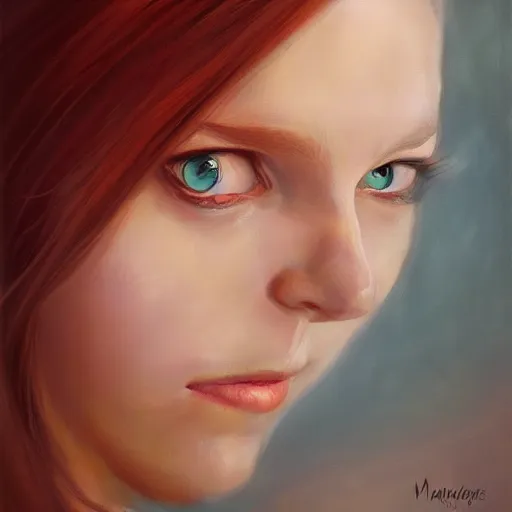 Prompt: Portrait of a woman, big eyes, redhead, by Mandy Jurgens