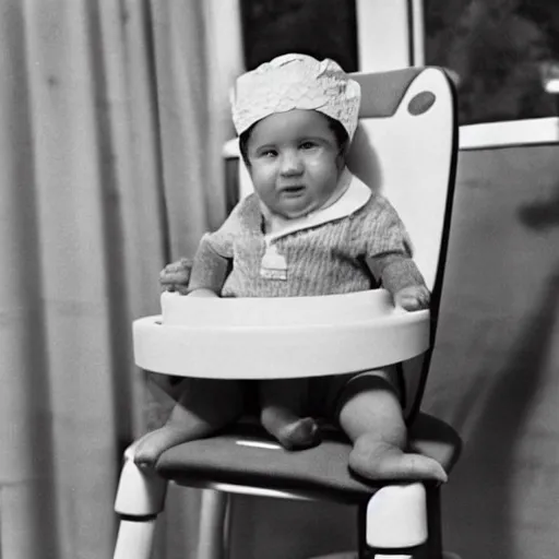 Image similar to Richard Nixon wearing a babies bonnet, sitting in a high chair, photorealistic, detailed, 1960s