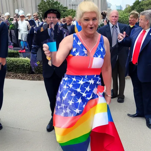 Image similar to Donald Trump wearing a dress and holding a pride flag