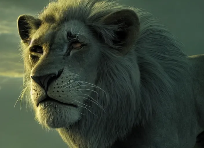 Prompt: screenshot of Scar from the lion king. (1994), iconic scene, black mane, dark fur, green_eyes, villain character, evil lion, HD remaster, Disney, highly detailed, high quality, detailed fur, scar