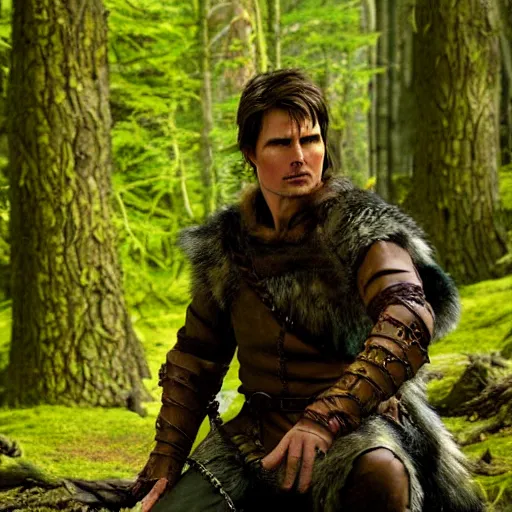 Prompt: medieval fantasy half length d & d portrait photo of tom cruise as a d & d woodland druid shapechanging into a dire wolf, photo by philip - daniel ducasse and yasuhiro wakabayashi and jody rogac and roger deakins
