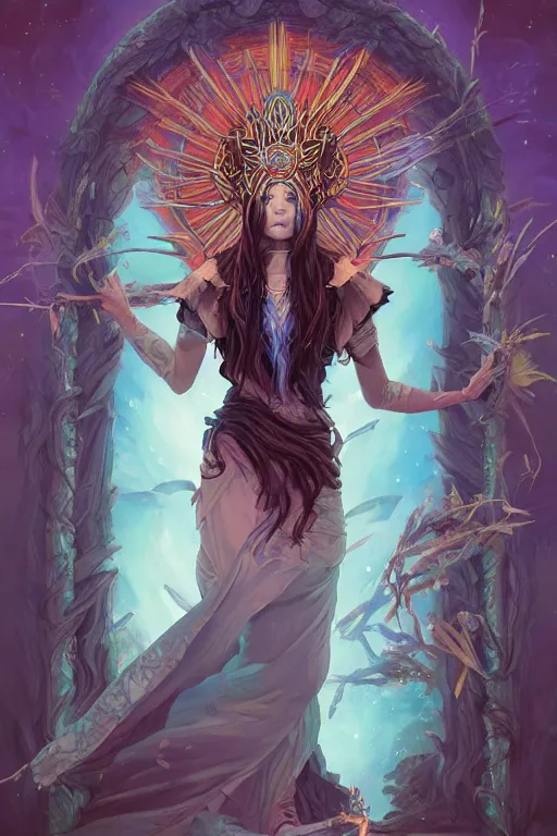 Prompt: shamanic priestess tarot card design by artgerm, tooth wu, dan mumford, beeple, wlop, rossdraws, james jean, marc simonetti, artstation giuseppe dangelico pino and michael garmash and rob rey and greg manchess and huang guangjian and makoto shinkai