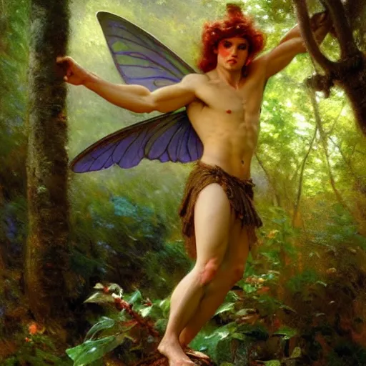 Image similar to attractive male fairy with wings in the forest, posing. highly detailed painting by gaston bussiere, craig mullins, j. c. leyendecker, 8 k