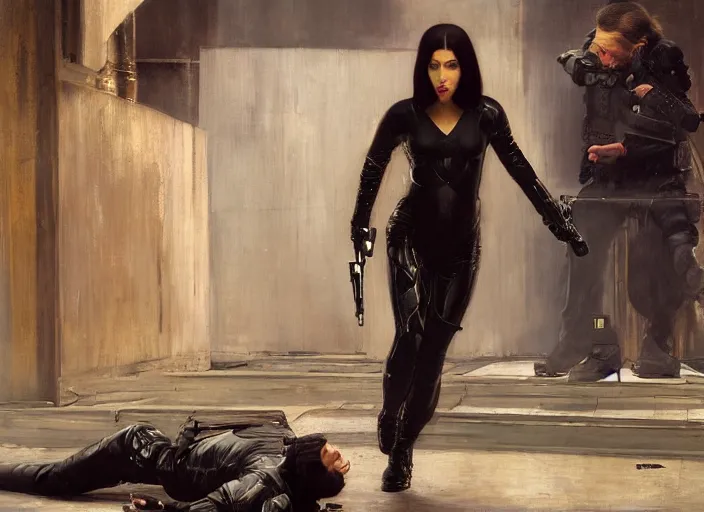 Prompt: sophia evades sgt Griggs. Cyberpunk hitwoman wearing jumpsuit escaping police troopers (blade runner 2049). Gorgeous face. Iranian orientalist portrait by john william waterhouse and Edwin Longsden Long and Theodore Ralli and Nasreddine Dinet, oil on canvas. Cinematic, hyper realism, realistic proportions, dramatic lighting, high detail 4k