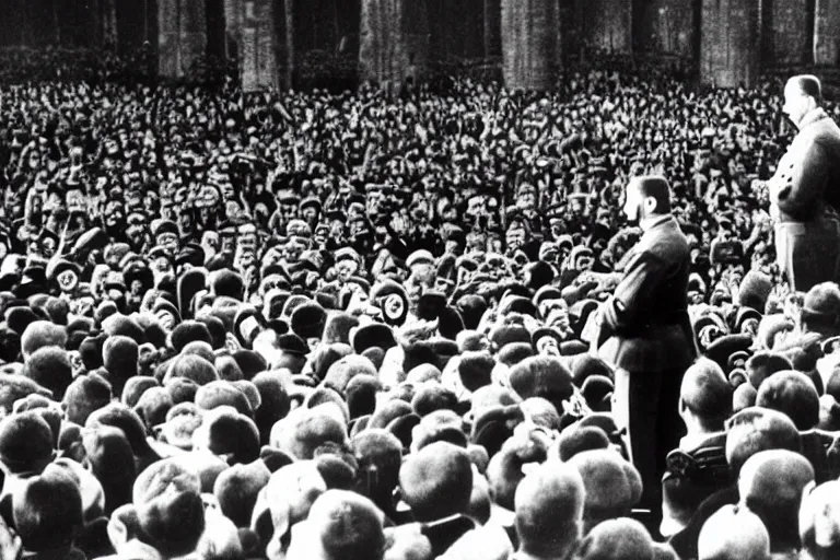 Image similar to Adolf Hitler giving speech to crowd of minions