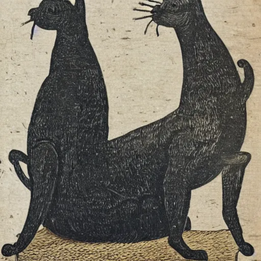 Prompt: 19th century woodcut, two black cats sitting on the back of a llama in the Andes