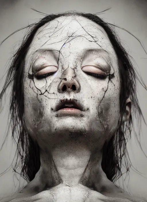 Image similar to expressive face potrait photo of a clothed butoh dancer, glamour shot, by jenny saville, by stefan gesell, photorealistic, canon r 3, fashion photography, hyper maximalist, elegant, ornate, luxury, elite, environmental portrait, symmetrical features, octane render, unreal engine, solid dark grey background, dramatic lights