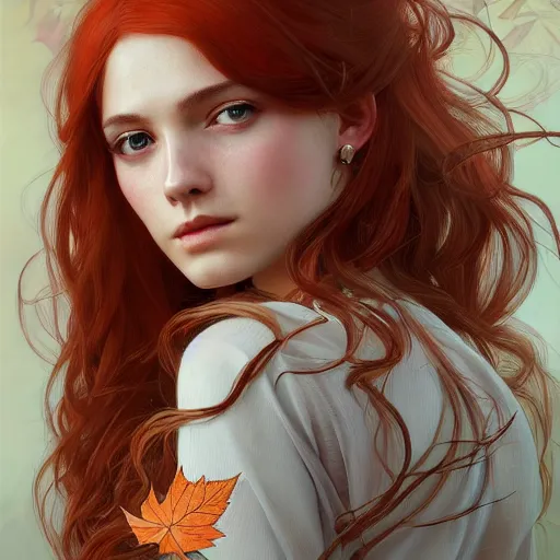 Image similar to girl with super long hair, hair becoming autumn red leaves, intricate, highly detailed, digital painting, artstation, concept art, smooth, sharp focus, illustration, unreal engine 5, 8 k, art by artgerm and greg rutkowski and alphonse mucha