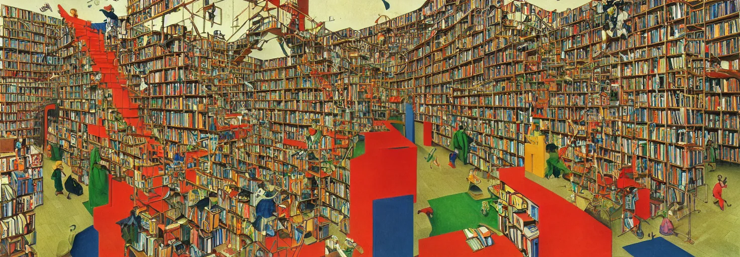 Prompt: a book store, customers are rabbit, by m. c. escher, yellow, green, red, snowy, ultra sharp, ultra detailed, happy, uplifting, colorized by salvador dali