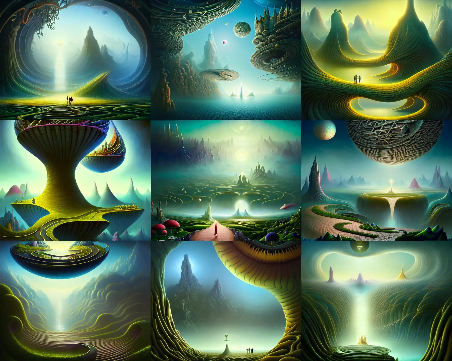 Prompt: a beguiling epic stunning beautiful and insanely detailed matte painting of the impossible winding path through space dream worlds with surreal architecture designed by Heironymous Bosch, mega structures inspired by Heironymous Bosch's Garden of Earthly Delights, vast surreal landscape and horizon by Asher Durand and Cyril Rolando and Natalie Shau and Andrew Ferez, masterpiece!!!, grand!, imaginative!!!, whimsical!!, epic scale, intricate details, sense of awe, elite, wonder, insanely complex, masterful composition!!!, sharp focus, fantasy realism, dramatic lighting