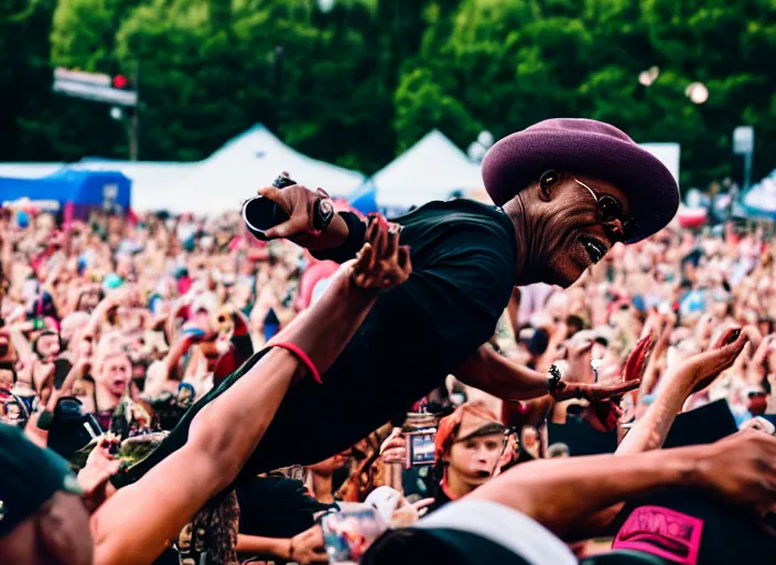 Image similar to photo still of samuel l jackson on stage at vans warped tour!!!!!!!! at age 3 3 years old 3 3 years of age!!!!!!!! stage diving into the crowd, 8 k, 8 5 mm f 1. 8, studio lighting, rim light, right side key light