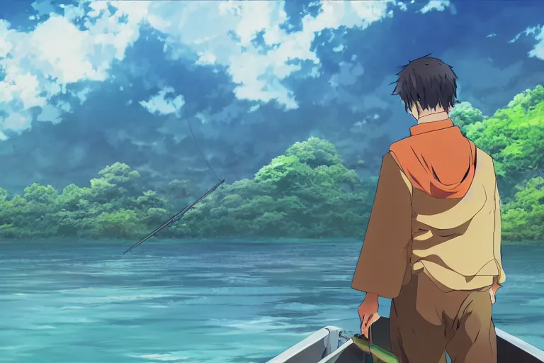 Image similar to cell shaded anime key visual of a fantasy isekai fisherman on a lake in the style of studio ghibli, moebius, makoto shinkai, dramatic lighting