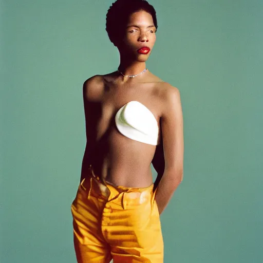 Image similar to realistic photoshoot for a balenciaga lookbook, color film photography, portrait of a beautiful woman in style of tyler Mitchell, 35mm, graflex