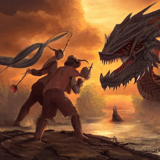 Image similar to a group on adventures fighting a mighty dragon, by Daniel R. Horne