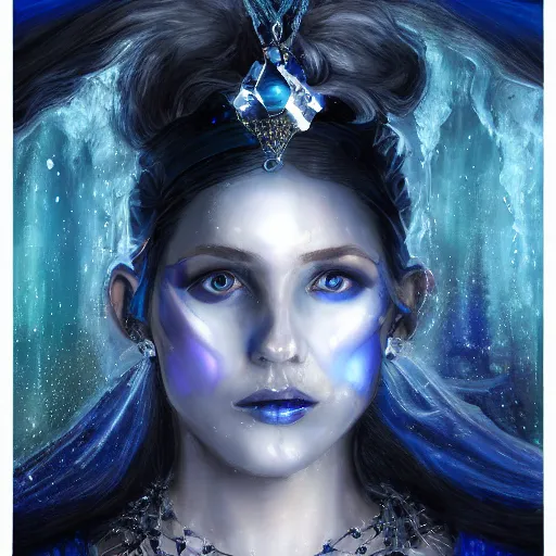 Image similar to masterpiece portrait of an aesthetic mage woman, ice spell, 3 0 years old woman, thin facial features, black dynamic hair, wearing silver diadem with blue gems inlays, silver necklace, painting by joachim bergauer and magali villeneuve, atmospheric effects, chaotic blue sparks dynamics in the background, intricate, artstation, fantasy