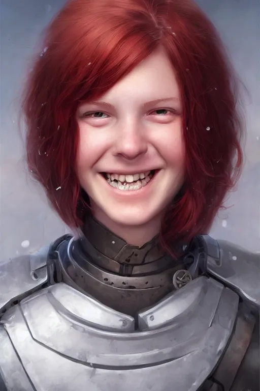 Image similar to ultra realistic style illustration of a cute red haired old teen smiling, 1 9 year old, headshot, sci - fi, fantasy, intricate, elegant, digital painting, artstation, concept art, smooth, sharp focus, illustration, 8 k frostbite 3 engine, ultra detailed, art by artgerm and greg rutkowski and magali villeneuve