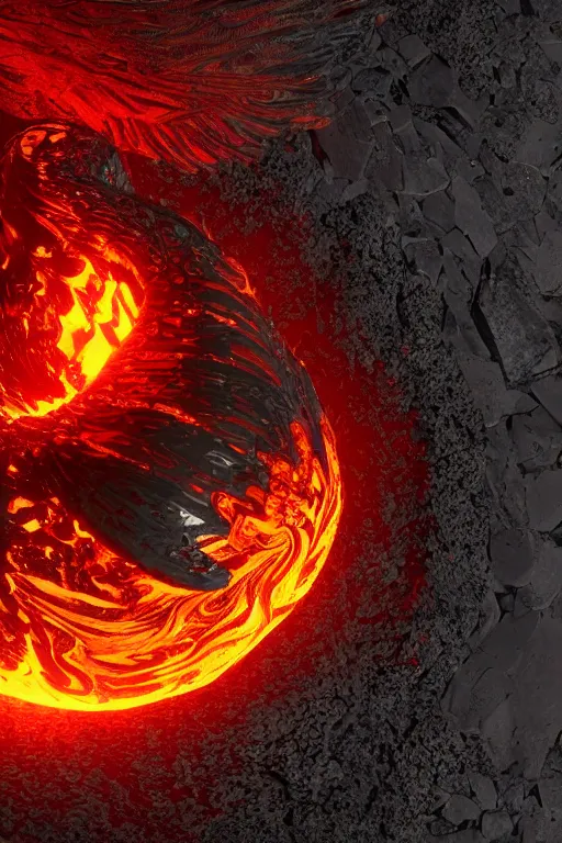 Image similar to a scaly phoenix egg made from opalescent coal and molten lava, on a carved red hot flaming stone floor photorealistic, dlsr, octane render, 8 k, cinematic lighting