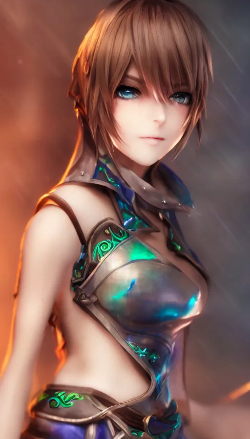 Image similar to render as a very beautiful 3d anime woman with short brown hair, heterochromia, blue eye and green eye, mage final fantasy oufit, heavy makeup, short smile, cinematic lightning, highly detailed, trending on Artstation, Unreal Engine 4k, cinematic wallpaper