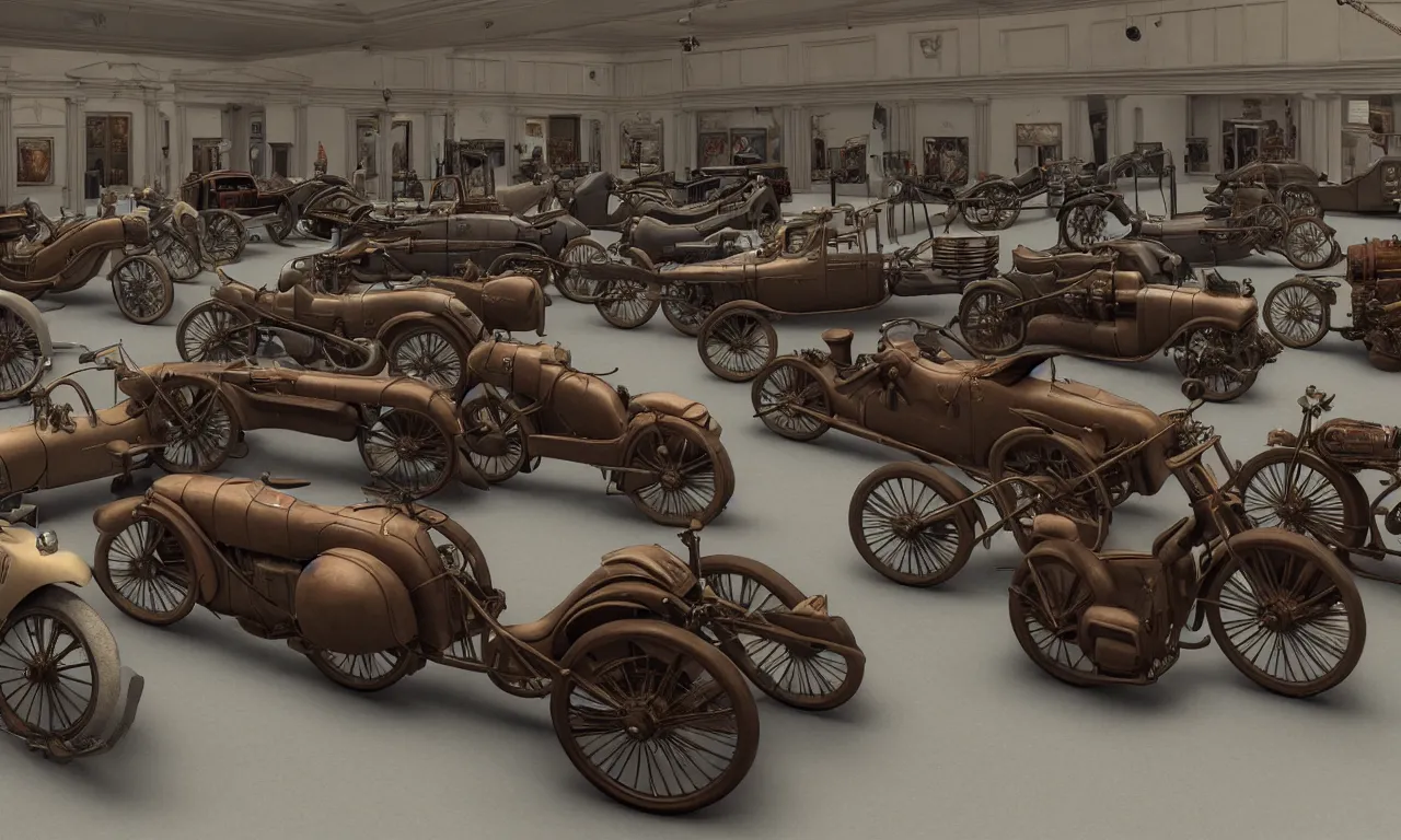 Image similar to exhibition hall of full of restomods cars, restomods bikes, dieselpunk, high detail, shading unreal engine 5, by leonardo da vinci, ambient occlusion