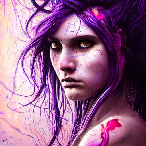 Image similar to detailed photo portrait of a furious teen girl with thin, hair-like purple tentacles on her head and bright purple eyes, 8k,by tristan eaton, Stanley Artgermm,Tom Bagshaw,Greg Rutkowski,Carne Griffiths,trending on DeviantArt, face enhance,hyper detailed ,full of colour, dramatic lightning