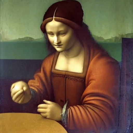 Prompt: a woman eating at mcdonalds by leonardo da vinci