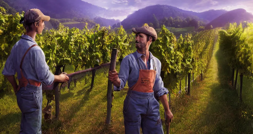 Image similar to A beautiful hyper realistic ultra detailed lifelike matte painting of traditional austrian vineyard worker, unreal engine, deviantart, flickr, artstation, octane render, textured, colorful, extreme realistic detail, physically based rendering, pbr render, very detailed, volumetric lighting, detailed lighting, octane render, 4k, cinematic lighting, 8k resolution