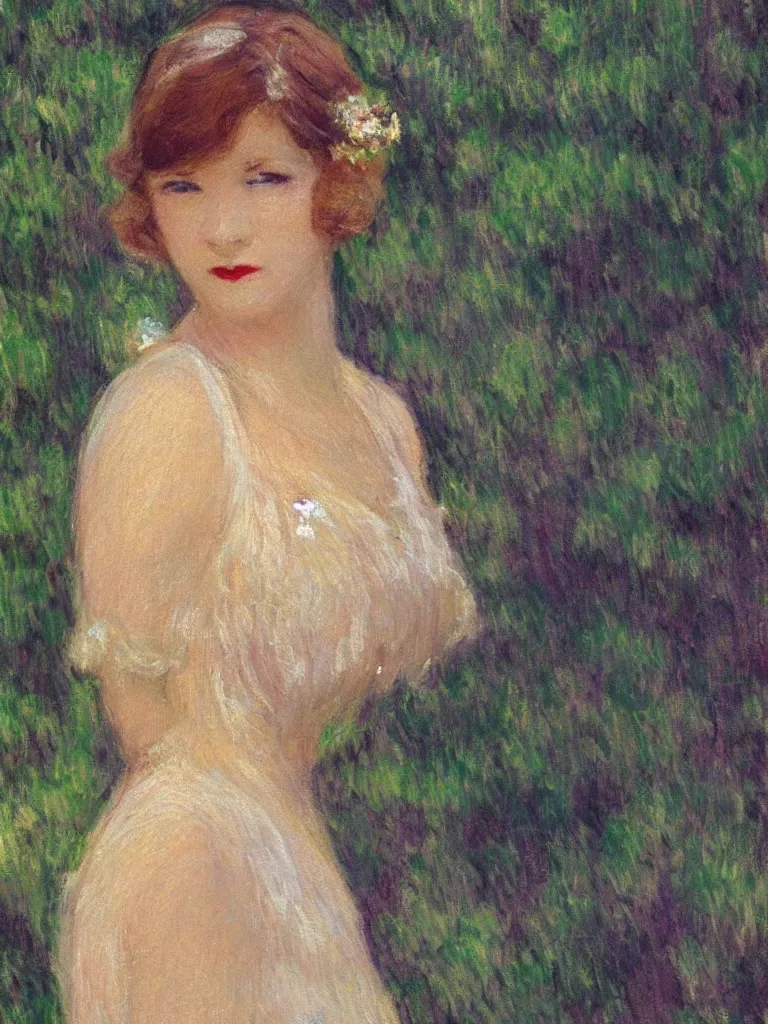 Image similar to portrait of < zelda fitzgerald > as a beautiful young lady wearing 1 9 2 0 s fashion, blurry face, brown hair, slim, fair, severe out of focus, depth of field, pleinairism, in the sun, backlit, closeup, oil on canvas, atr by monet, in the style of le promenade, smooth, impressionnisme, 8 k