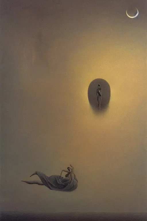 Image similar to zdzisław beksinski oil painting. women floating in the sky, disturbing, unsettling, intricate, beautiful