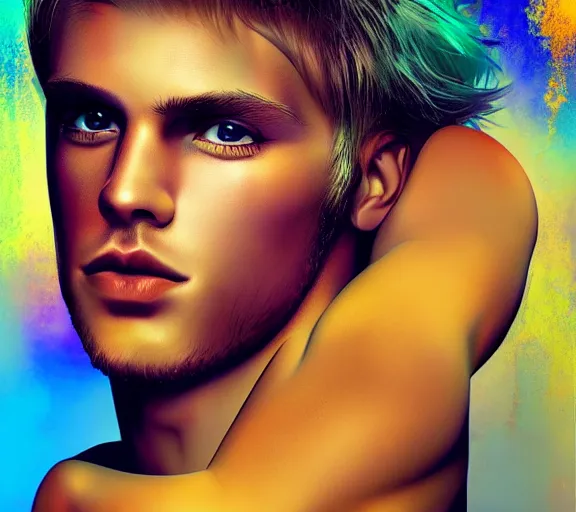 Prompt: extremely beautiful blonde young man with hyperealistic glossy eyes, digital art, colourful background seductive.