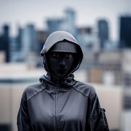 Prompt: photograph of a techwear woman, closeup, on the rooftop of a futuristic city, sigma 85mm f/1.4, 4k, depth of field, high resolution, 4k, 8k, hd, full color