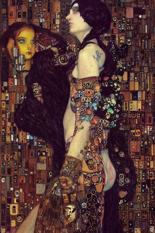 Image similar to portrait of beautiful young gothic maidens, cyberpunk, Warhammer, highly detailed, artstation, illustration, art by Gustav Klimt