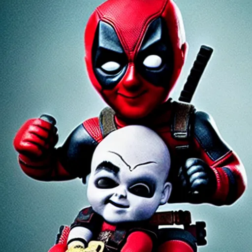 Image similar to deadpool holding chucky the killer doll from the movie child's play 8 k hdr movie still