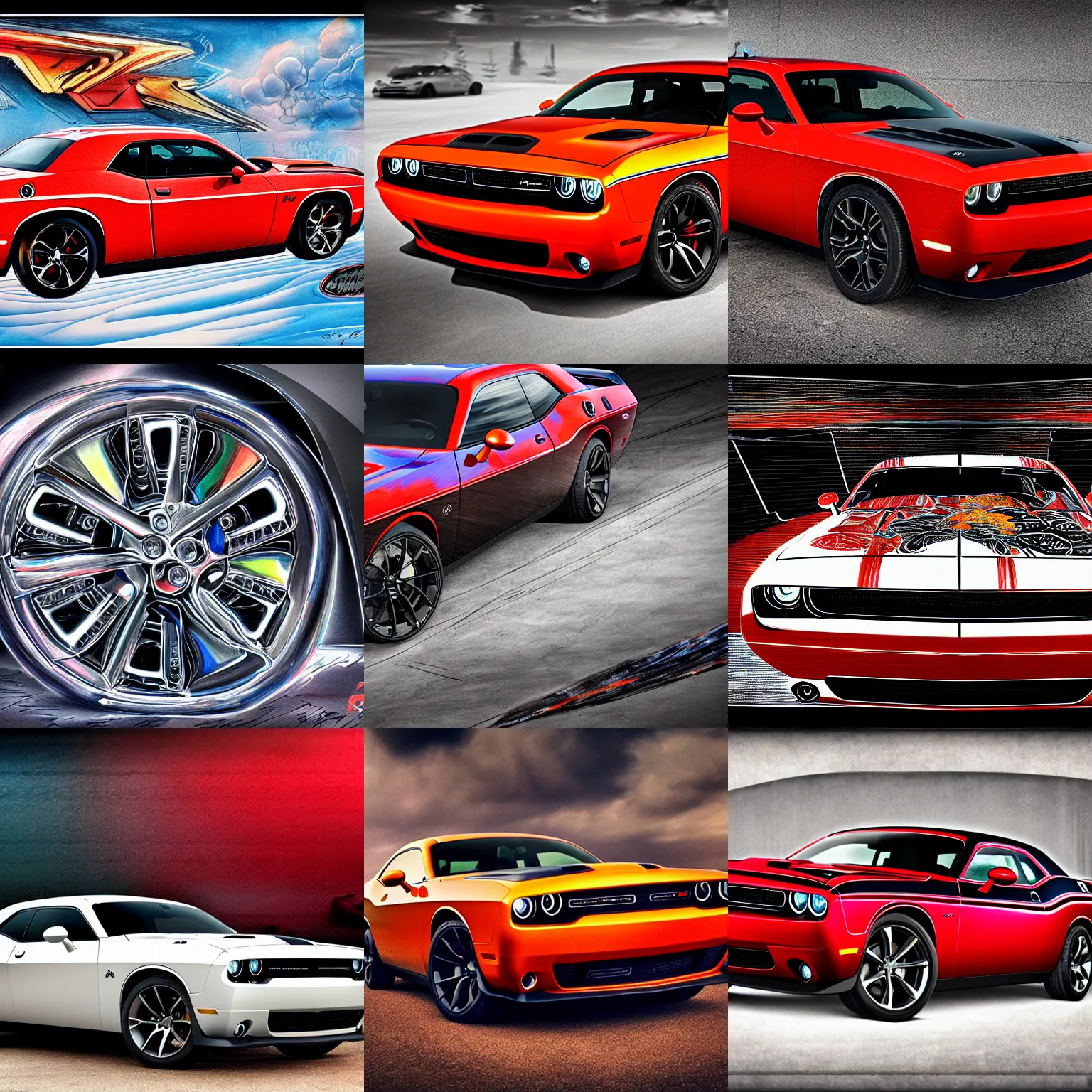 Prompt: a dodge challenger with intricate gear etchings, high detail, bright lighting, colorful, 8 k, photorealistic