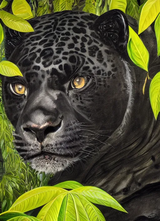 Image similar to a beautiful painting portrait of a black jaguar surrounded by the leaves of the jungle, highly detailed close up, fantasy art, matte painting