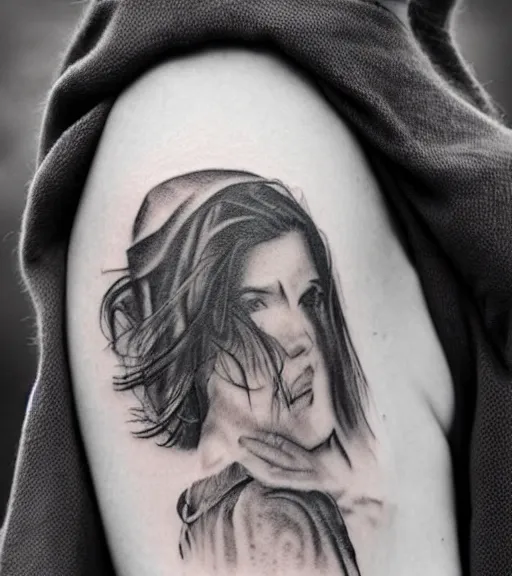 Image similar to a beautiful girl portrait, faded mountain background, realism tattoo, in the style of den yakovlev, black and white, hyper realistic, highly detailed