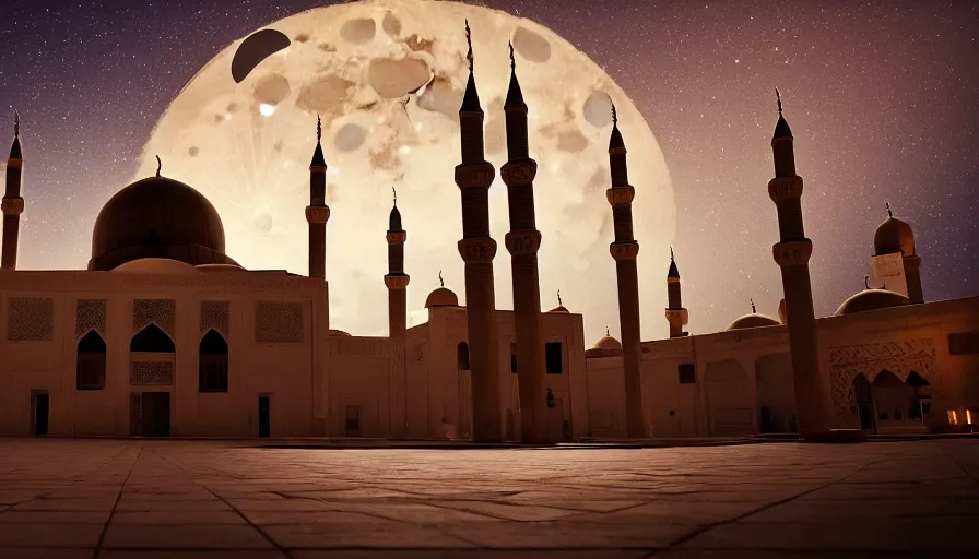 Image similar to photo of beautiful mosque under a giant full moon, glowing arabic symbols floating in the air, cinematic, extreme detail, sharp focus, masterpiece,