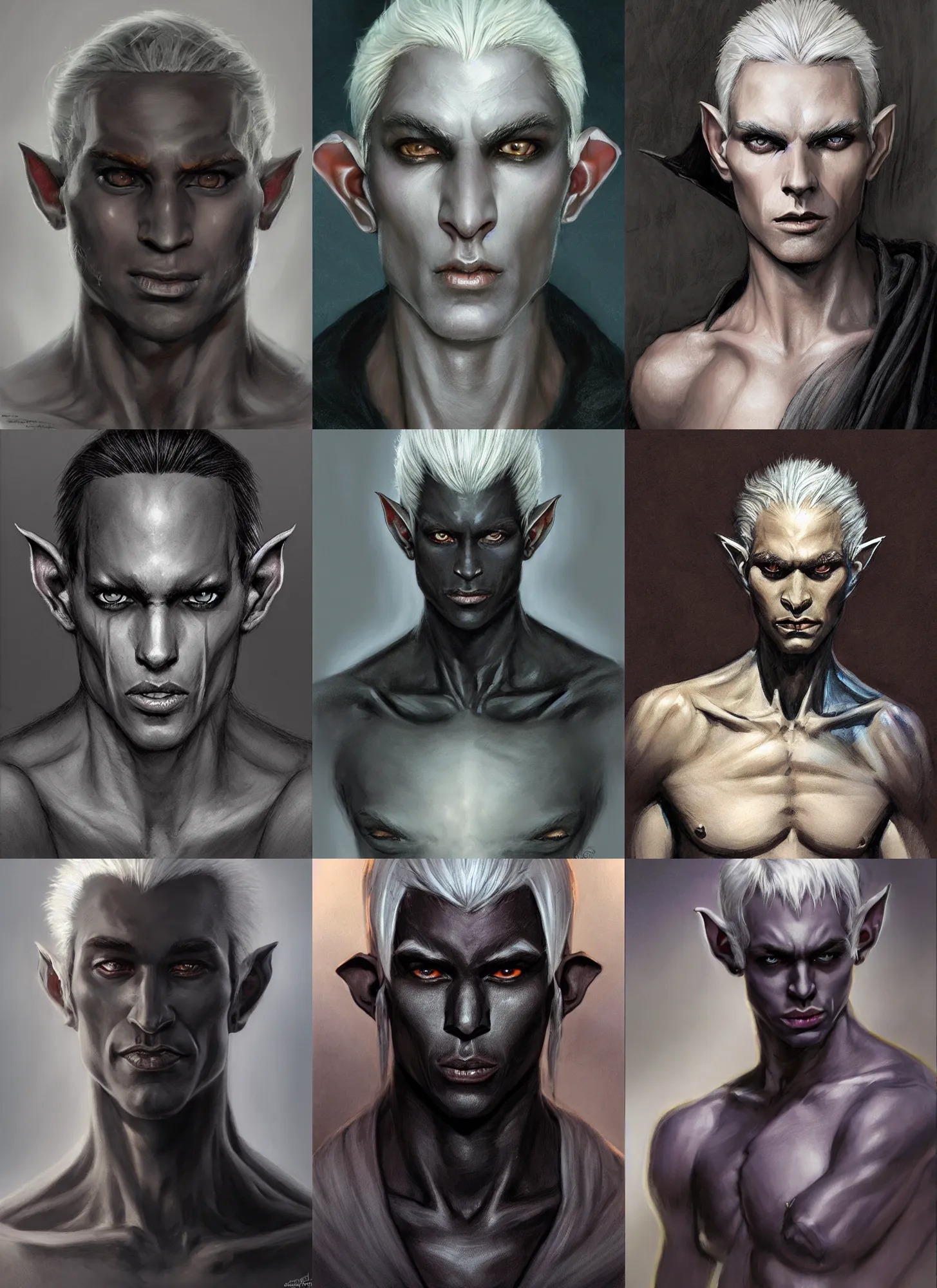 Prompt: a portrait of a dark drow elf male, medium length slick white hair, charcoal skin, smooth skin, young adult in with late twenties, happy, pointed chin, charcoal color skin, curious expression, style by donato giancola, wayne reynolds, jeff easley dramatic light, high detail, cinematic lighting, artstation, dungeons and dragons