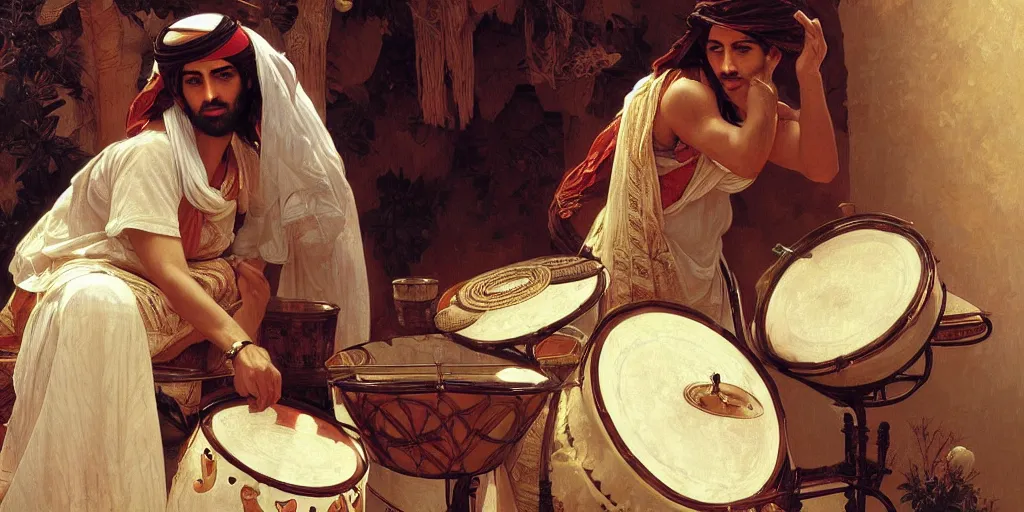 Image similar to a middle eastern drummer playing a drumset, the cymbals are replaced by dishes, elegant, highly detailed, digital painting, artstation, concept art, smooth, sharp focus, illustration, art by artgerm and greg rutkowski and alphonse mucha and william - adolphe bouguereau