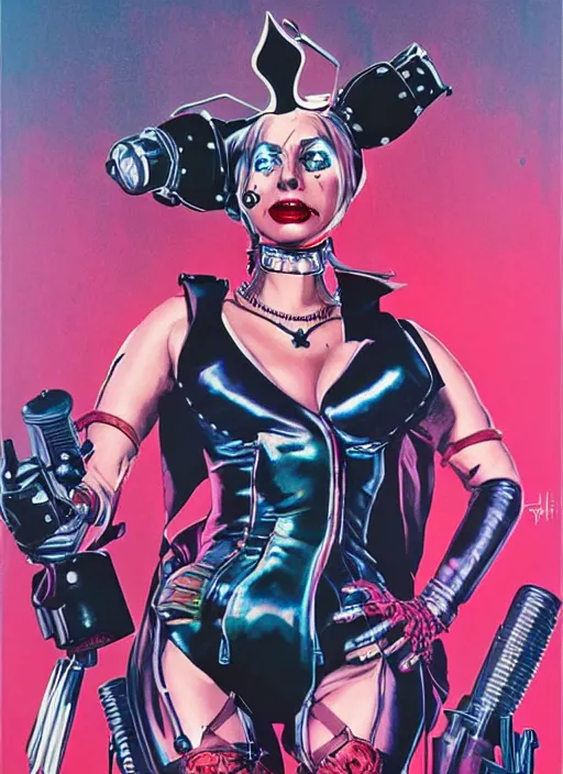 Image similar to lady gaga as harley quinn, horror, high details, intricate details, by vincent di fate, artgerm julie bell beeple, 1 9 6 0 s, inking, vintage 6 0 s print, screen print