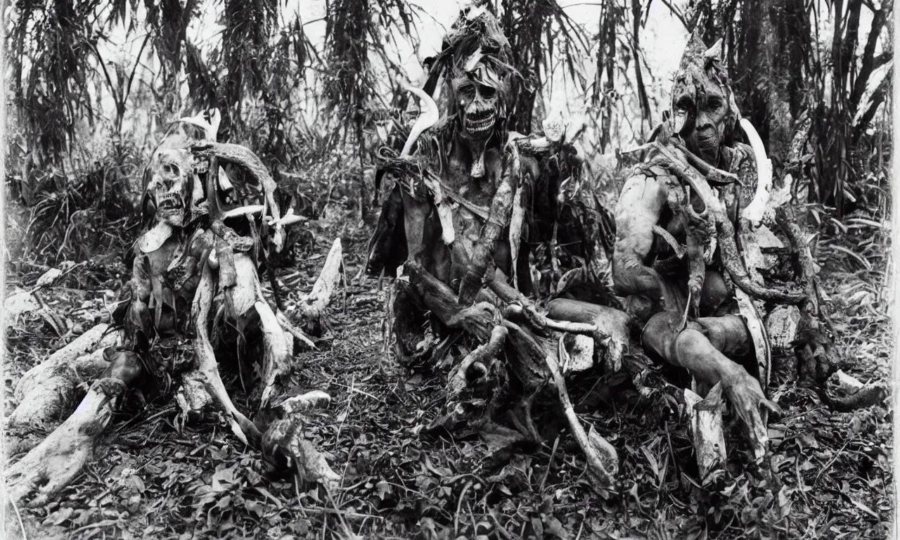 Image similar to a black and white old wet - plate photograph of a tribal elder with a bone in his nose and a scary mask and a pet dragon sitting on his shoulder in the jungle of congo during colonial times, holding a modern digital slr camera in his hand and taking a photo