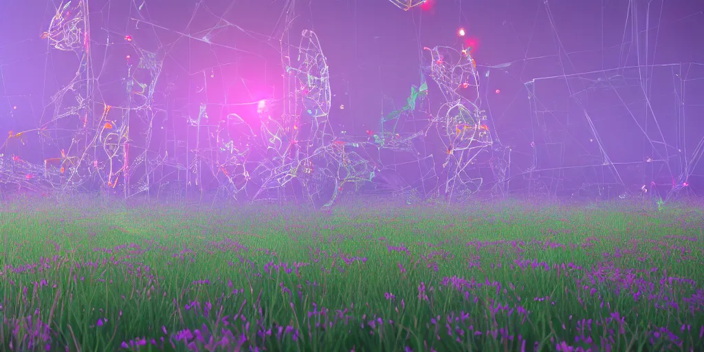 Image similar to compression algorithm meadows with flora made out of alien materials, computer-circuitry based structures sticking out, abstract!!!!!!!!!!!!!, pastel tones, ray-tracing, 4k, octane render, trending on artstation